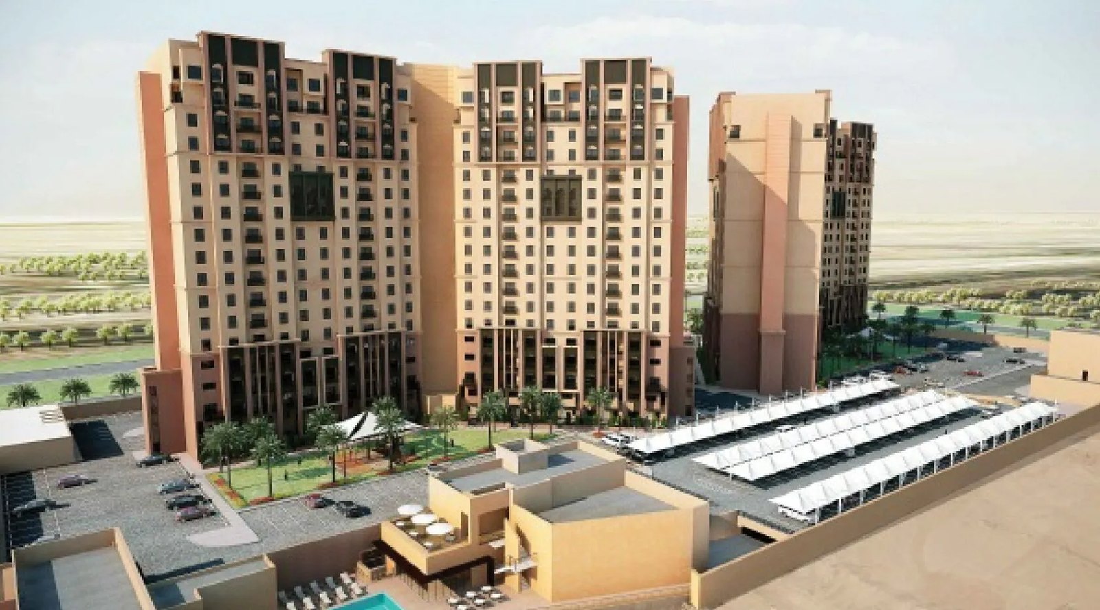 Mussafah Gardens amenities view — off-plan apartments in Mussafah
