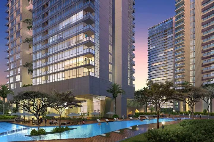 Rihan Heights amenities view — off-plan apartments in Zayed Sports City
