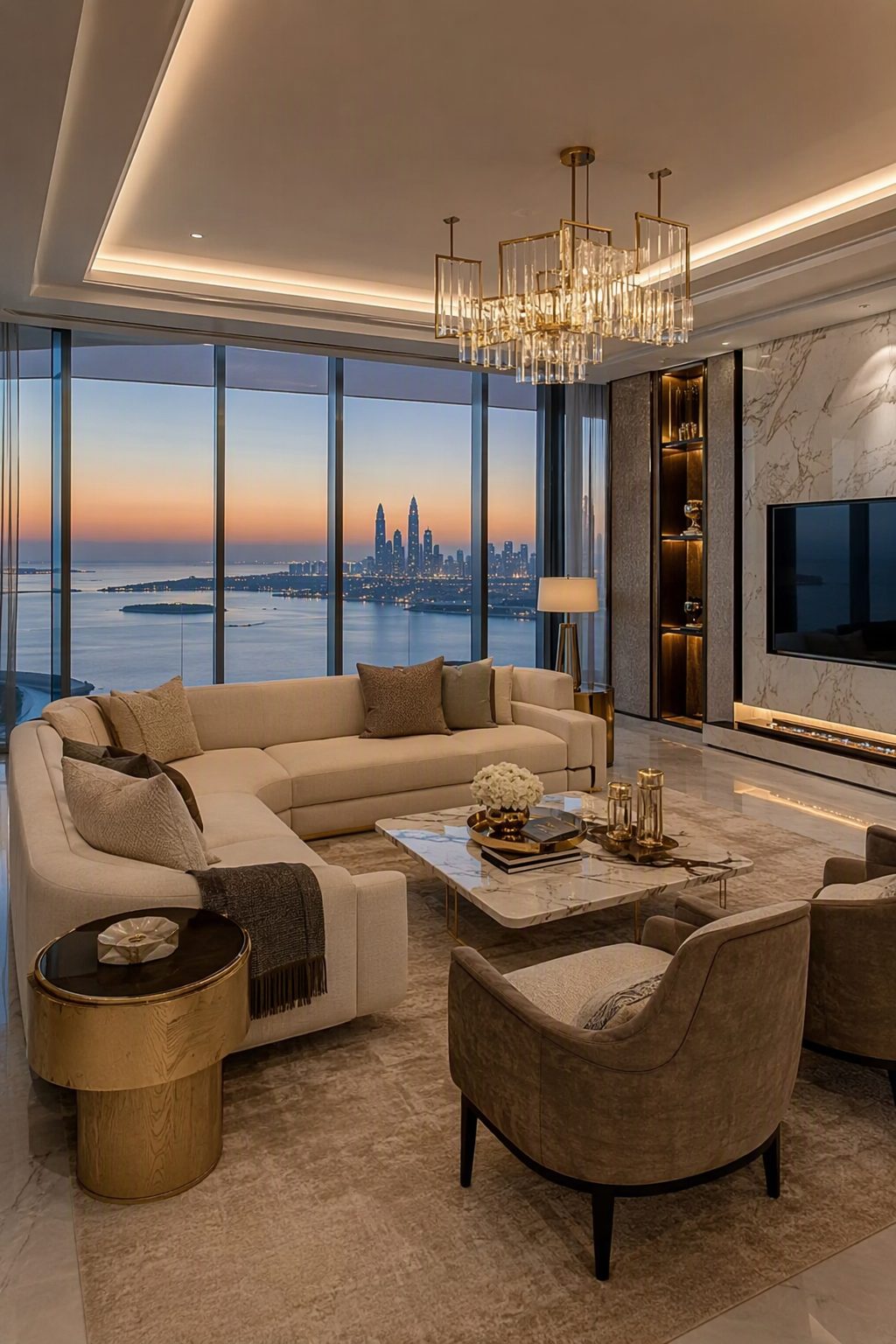 Luxury penthouse living room interior with floor-to-ceiling skyline views